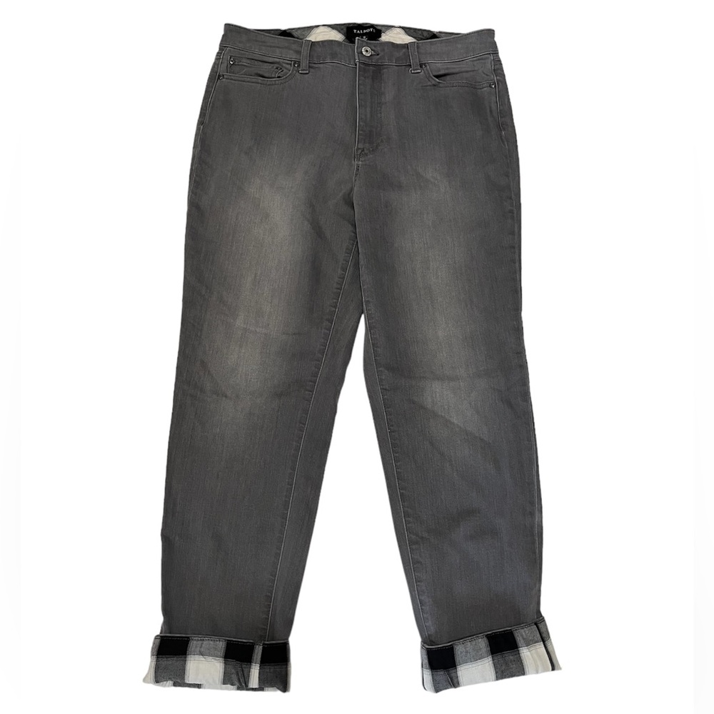 Talbots Grey High Rise Flannel Plaid Cuff Straight Leg Jeans Size 12